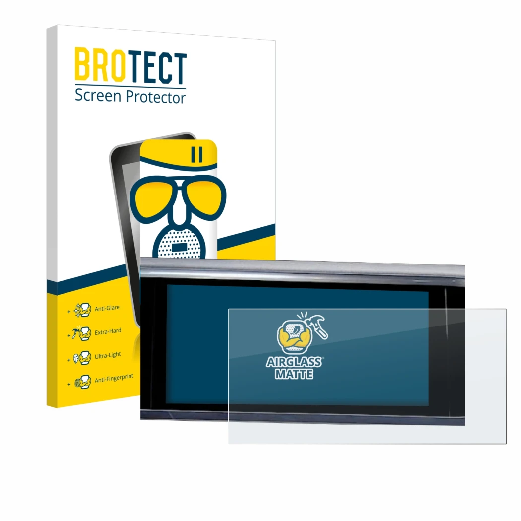 Front side of a product packaging with the brand logo BROTECT. Next to it is the device Audi A6 2018 MMI Navigation Plus 10.1