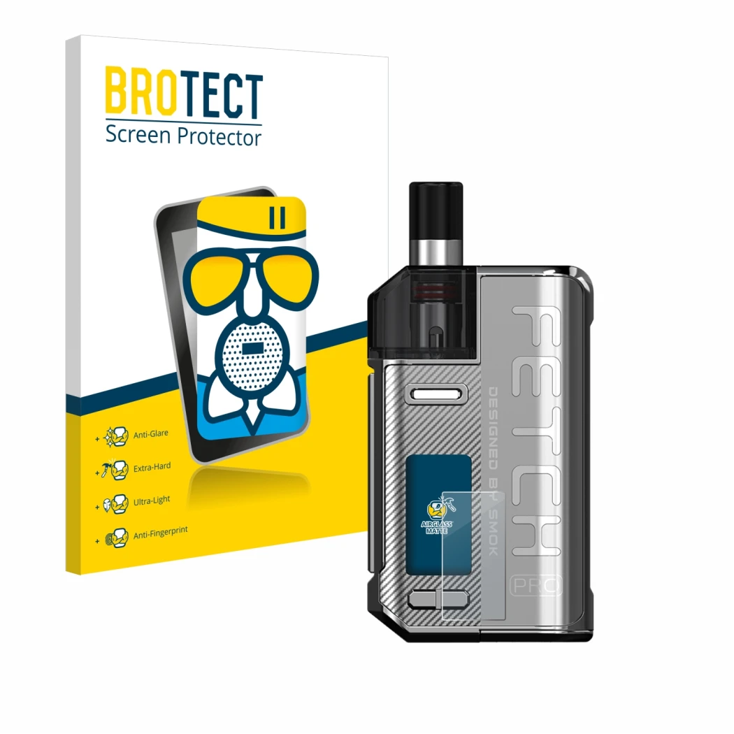 Front side of a product packaging with the brand logo BROTECT. Next to it is the device Smok Fetch 80W Pro shown with the corr