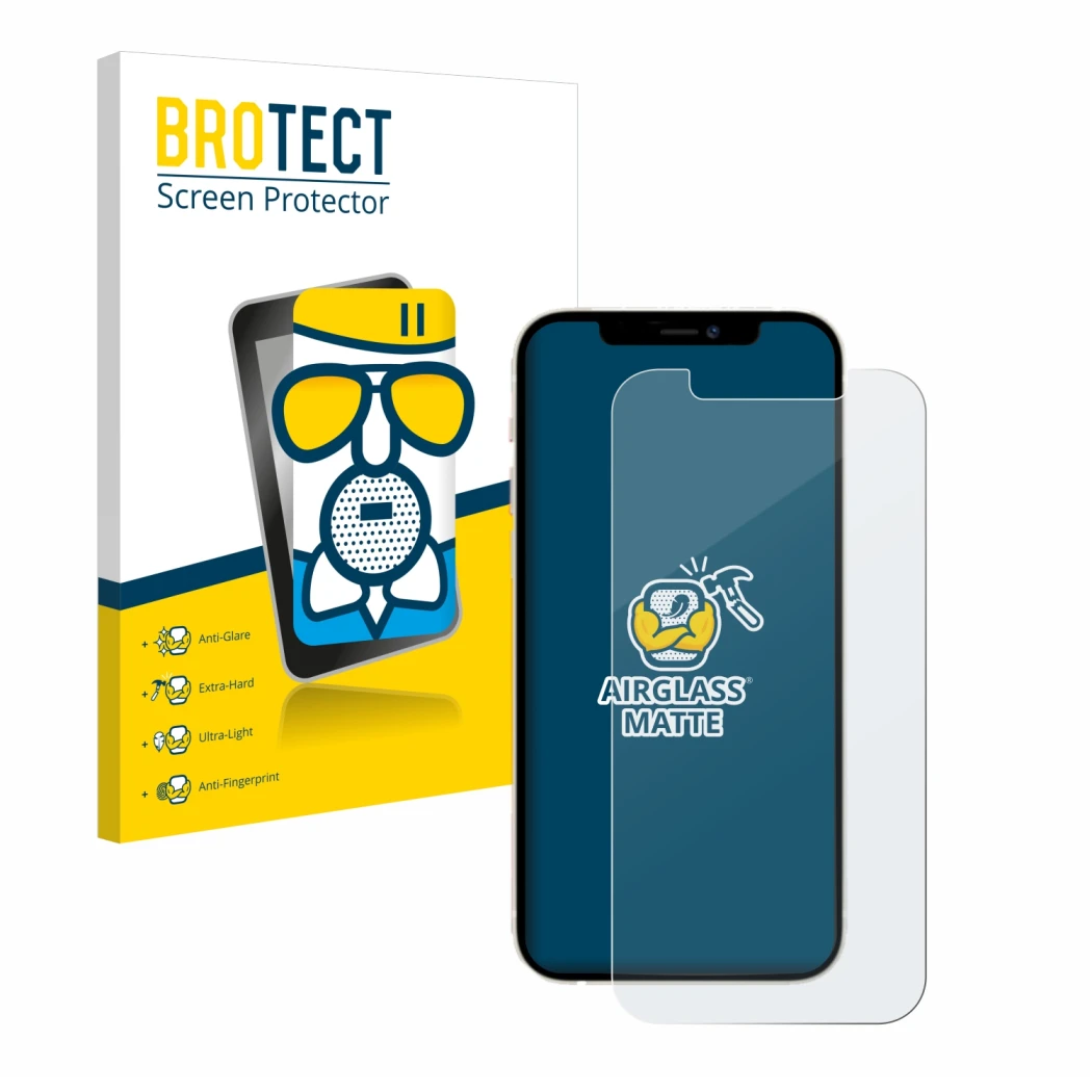 Front side of a product packaging with the brand logo BROTECT. Next to it is the device Apple iPhone 12 shown with the corresp