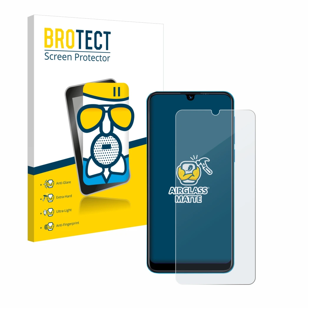 Front side of a product packaging with the brand logo BROTECT. Next to it is the device Beafon M6 shown with the corresponding