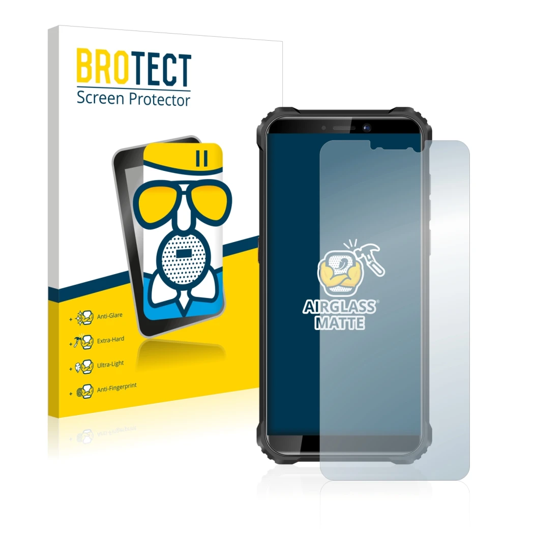 Front side of a product packaging with the brand logo BROTECT. Next to it is the device Oukitel WP5 shown with the correspondi