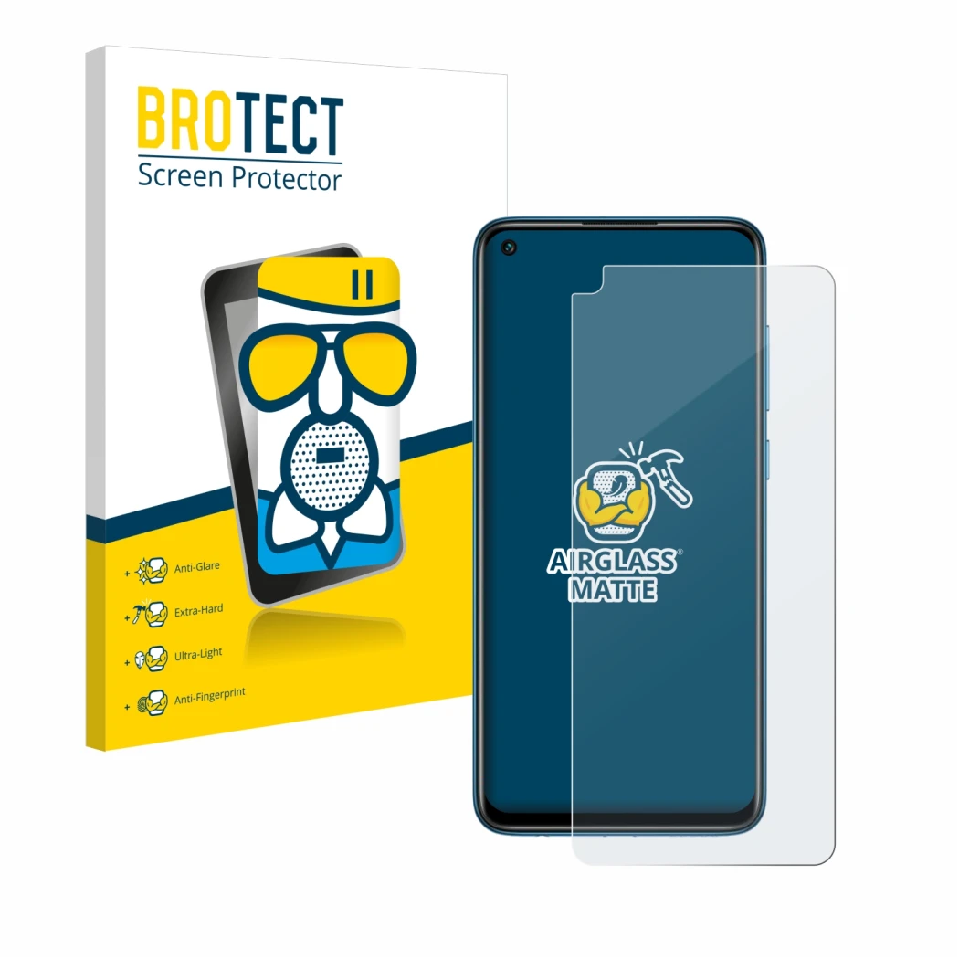 Front side of a product packaging with the brand logo BROTECT. Next to it is the device Xiaomi Redmi Note 9 shown with the cor