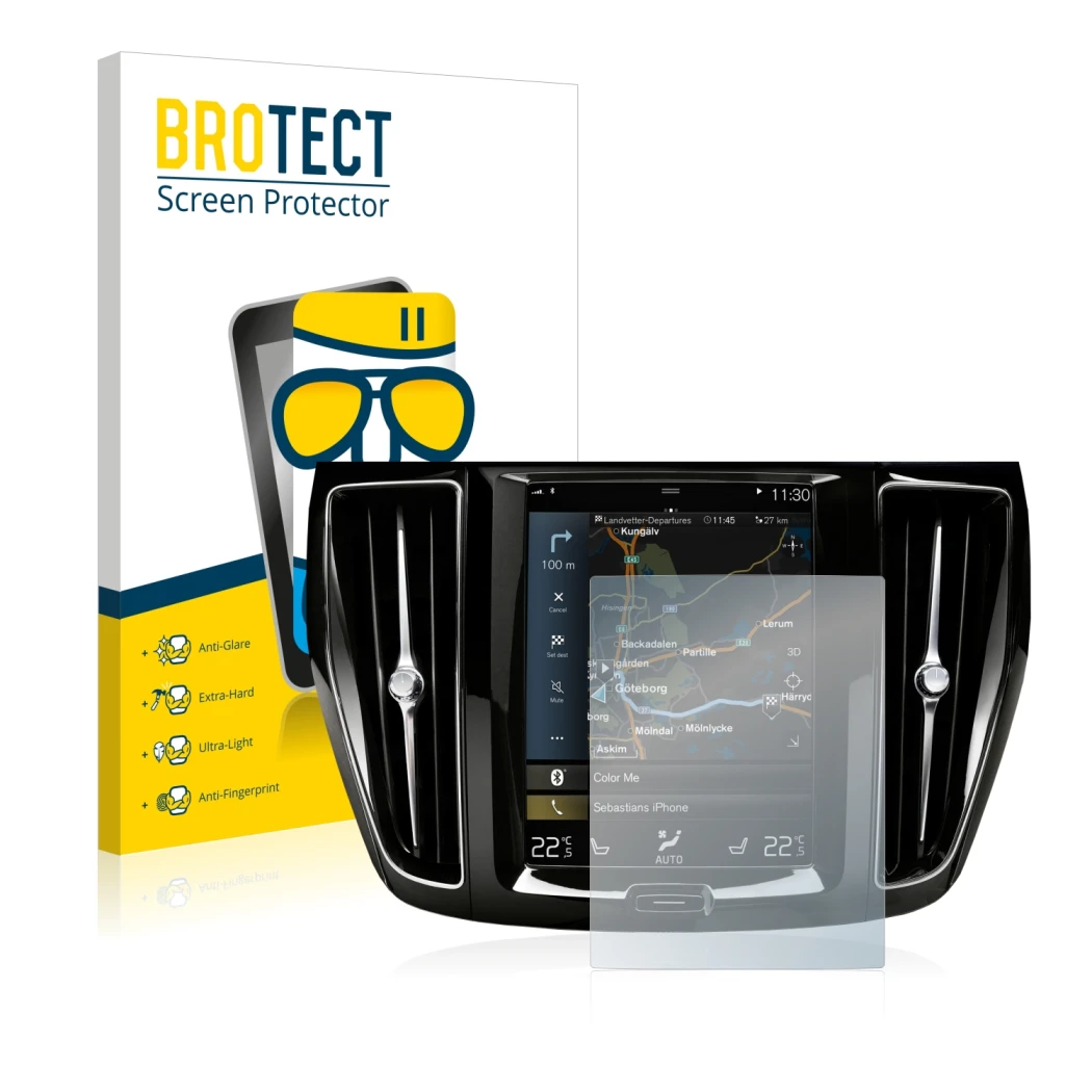 Front side of a product packaging with the brand logo BROTECT. Next to it is the device Volvo S60 Sensus Connect 2020 shown wi