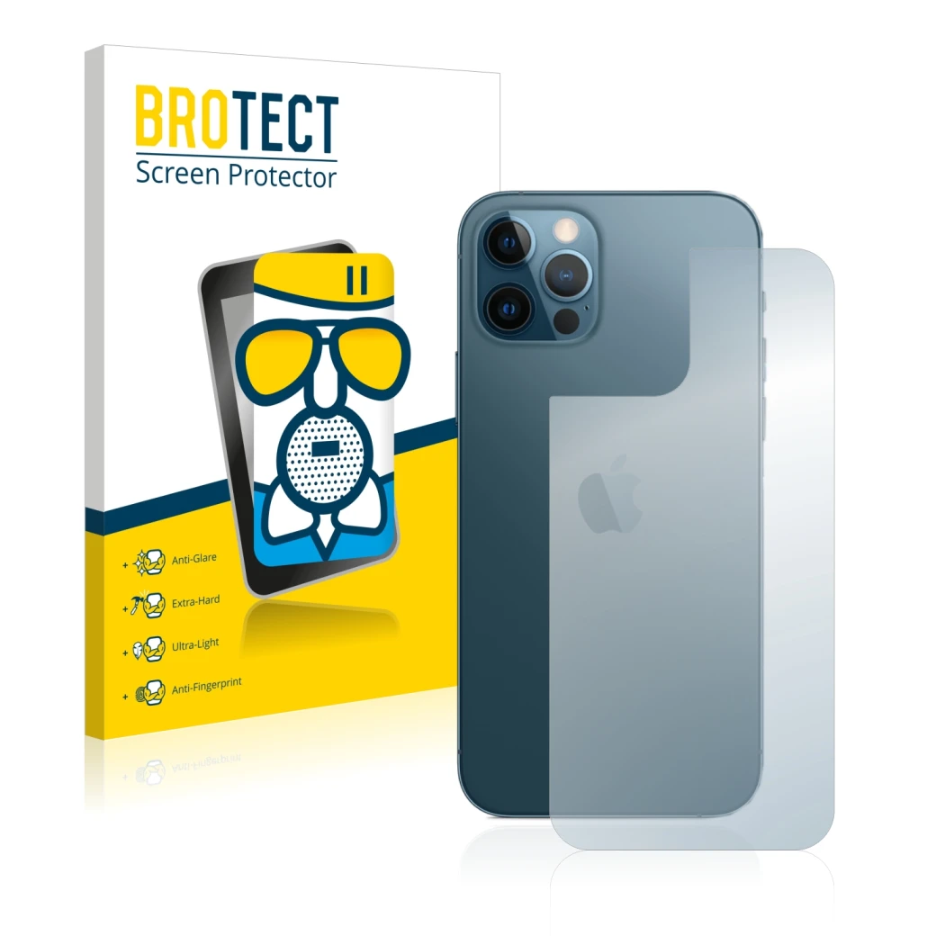 Front side of a product packaging with the brand logo BROTECT. Next to it is the device Apple iPhone 12 Pro (Back) shown with