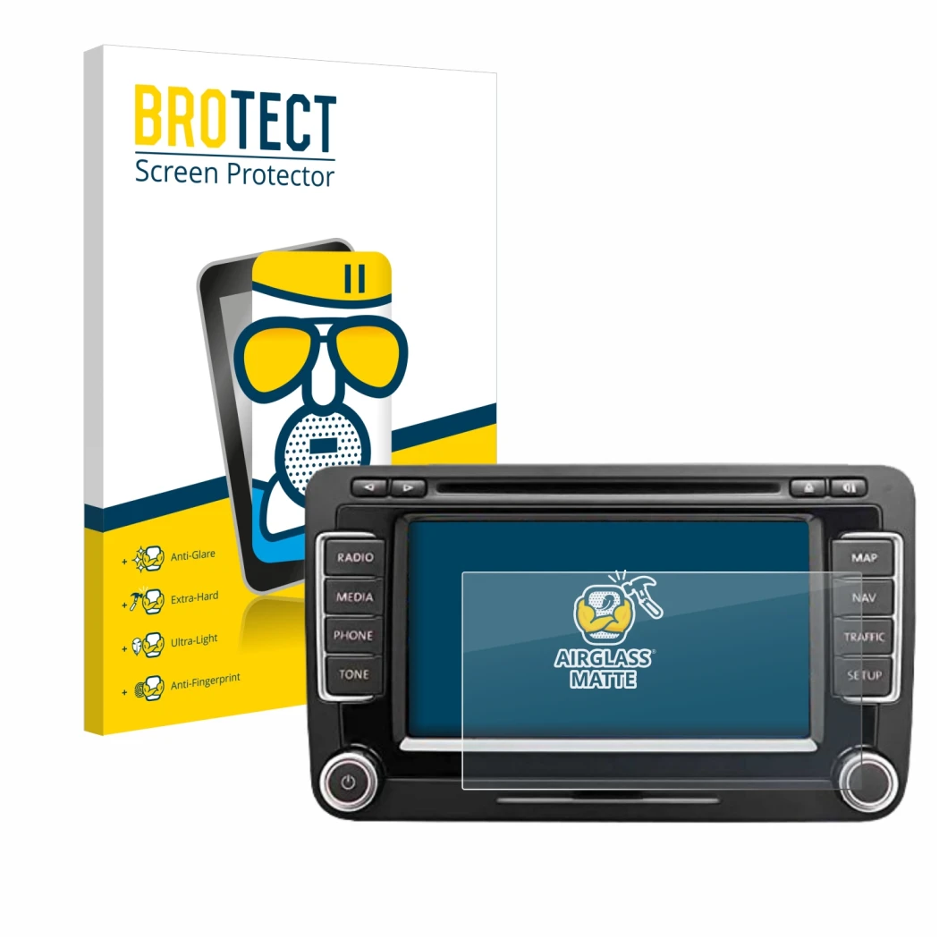 Front side of a product packaging with the brand logo BROTECT. Next to it is the device Volkswagen Eos 2011 RNS 510 6.5