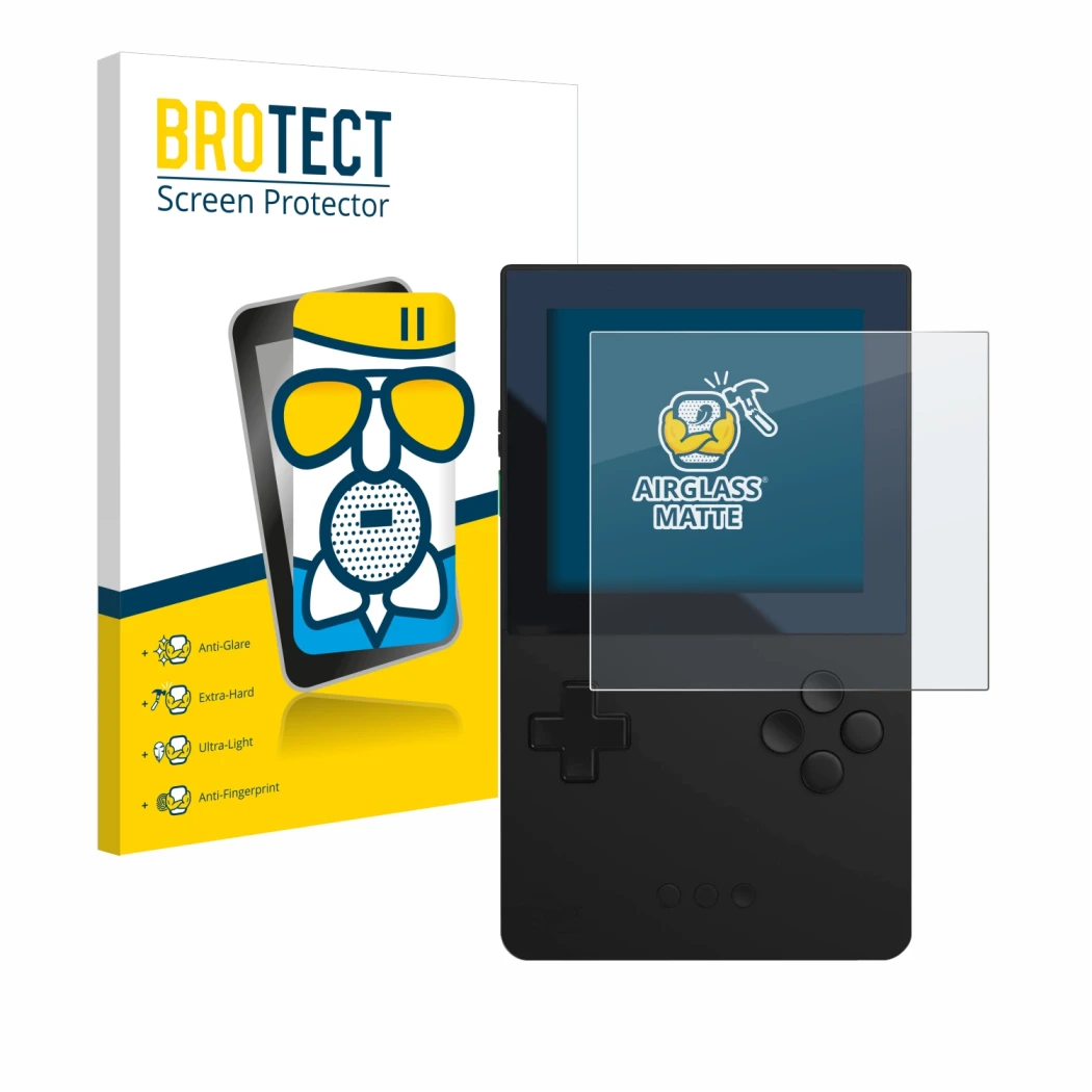 Front side of a product packaging with the brand logo BROTECT. Next to it is the device Analogue Pocket shown with the corresp