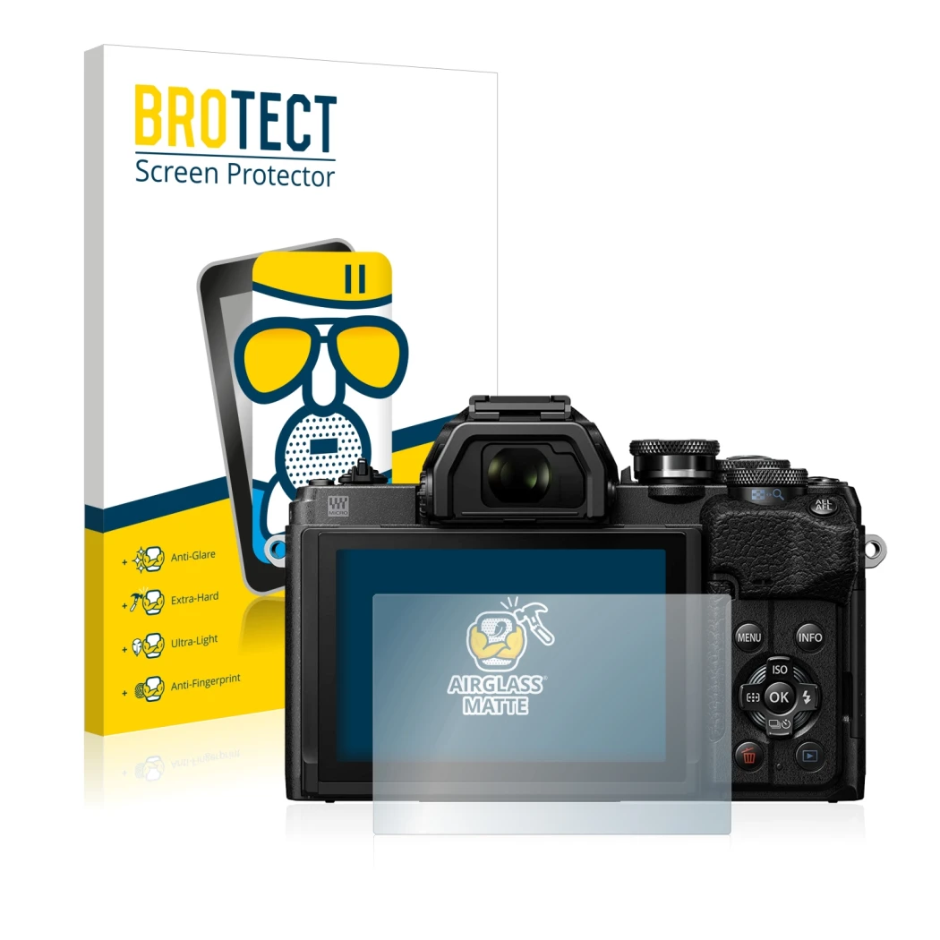 Front side of a product packaging with the brand logo BROTECT. Next to it is the device Olympus OM-D E-M10 Mark IV shown with 