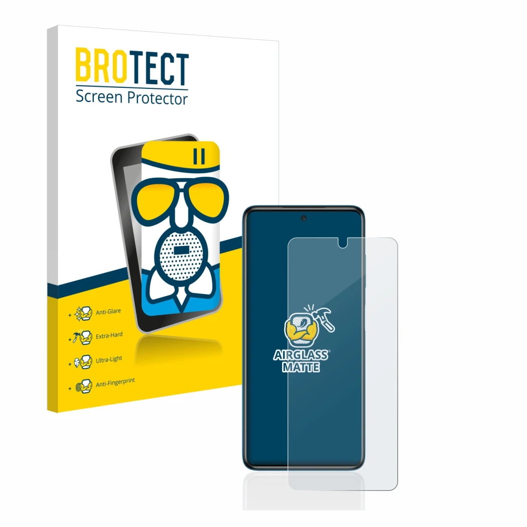 Front side of a product packaging with the brand logo BROTECT. Next to it is the device Xiaomi Poco X3 NFC shown with the corr