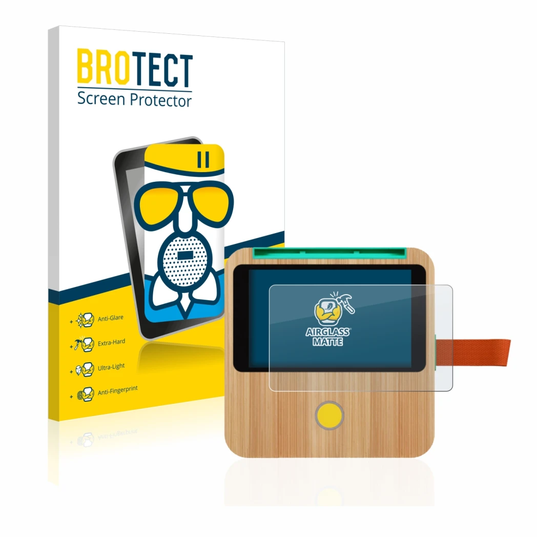 Front side of a product packaging with the brand logo BROTECT. Next to it is the device tigerbox Touch shown with the correspo