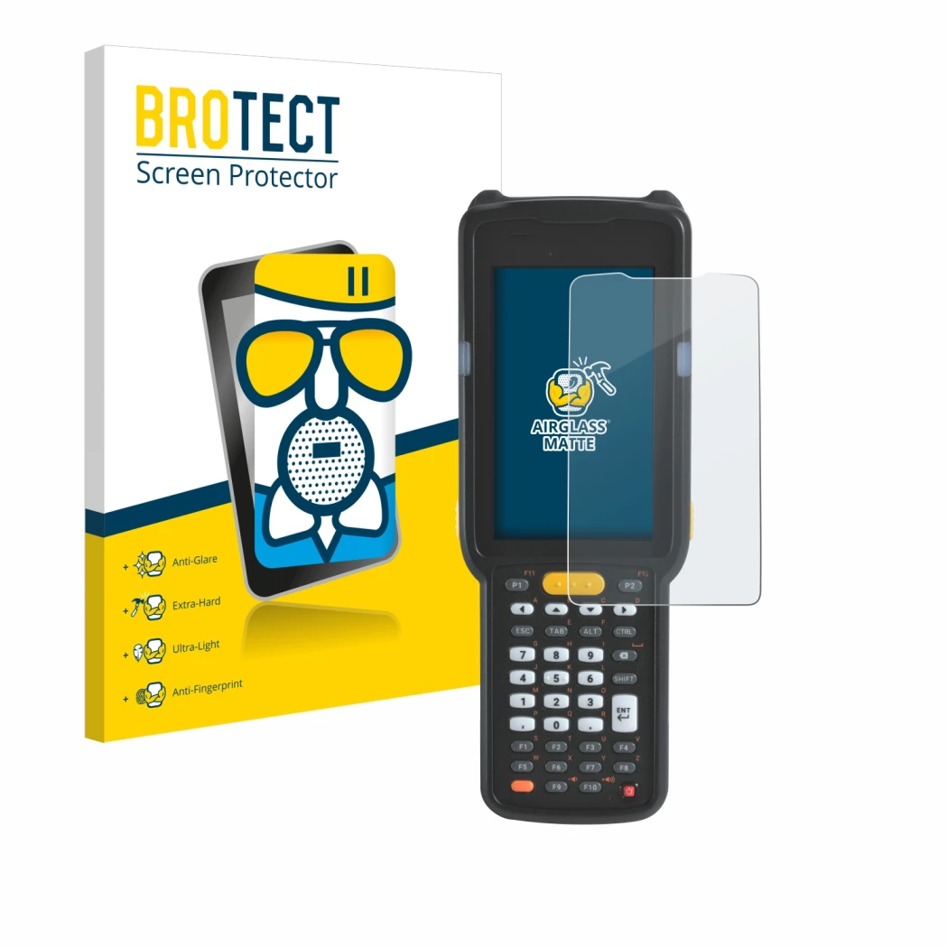 Front side of a product packaging with the brand logo BROTECT. Next to it is the device Zebra MC330L shown with the correspond