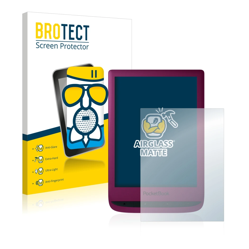 Front side of a product packaging with the brand logo BROTECT. Next to it is the device PocketBook Touch Lux 5 shown with the 