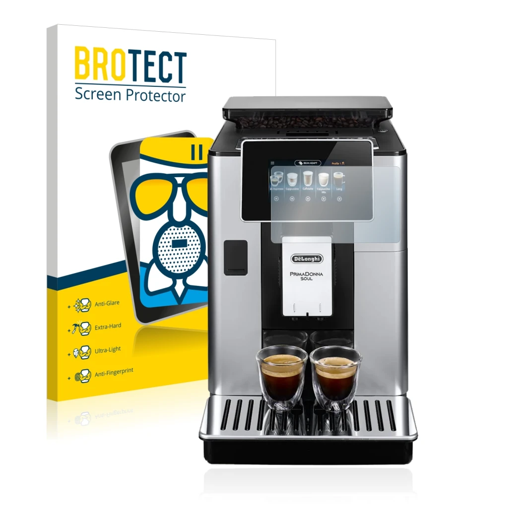 Front side of a product packaging with the brand logo BROTECT. Next to it is the device DeLonghi PrimaDonna Soul ECAM610.55.SB