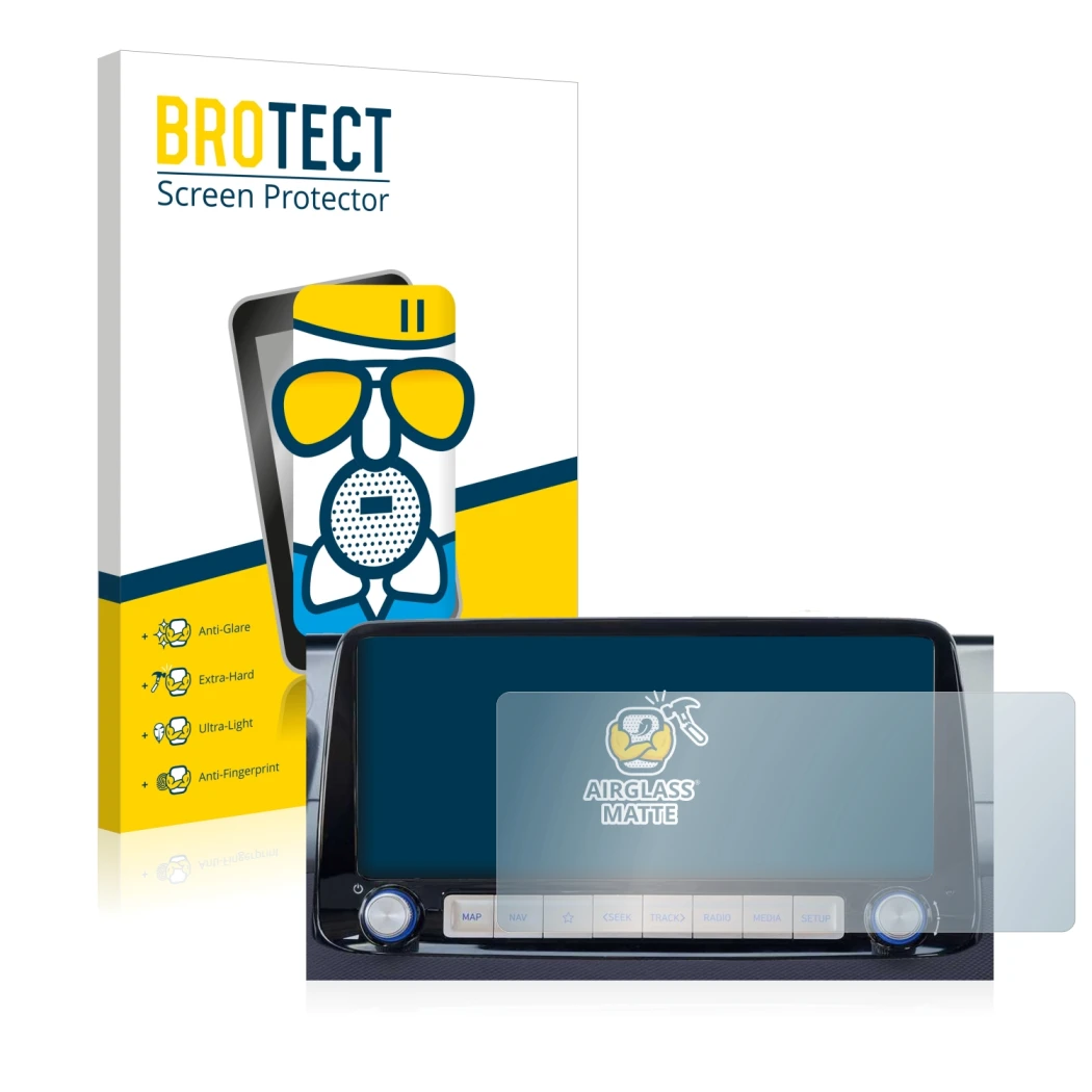 Front side of a product packaging with the brand logo BROTECT. Next to it is the device Hyundai Kona 2020 Infotainment System 