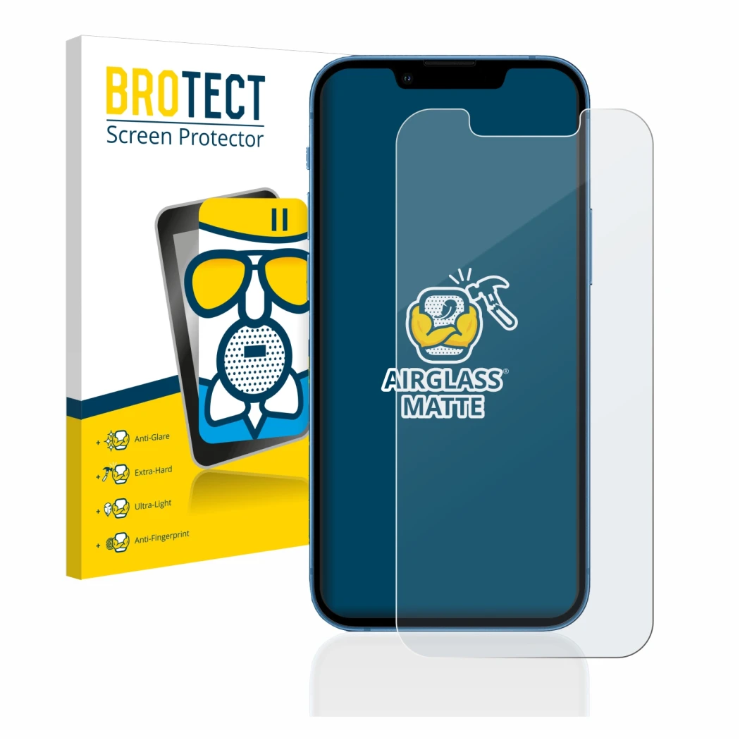 Front side of a product packaging with the brand logo BROTECT. Next to it is the device Apple iPhone 13 mini shown with the co