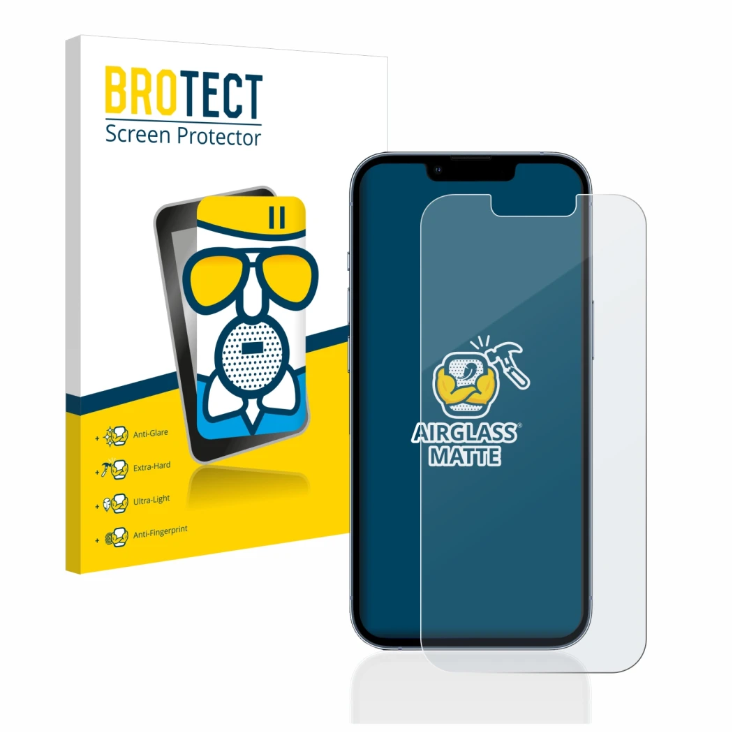 Front side of a product packaging with the brand logo BROTECT. Next to it is the device Apple iPhone 13 Pro shown with the cor