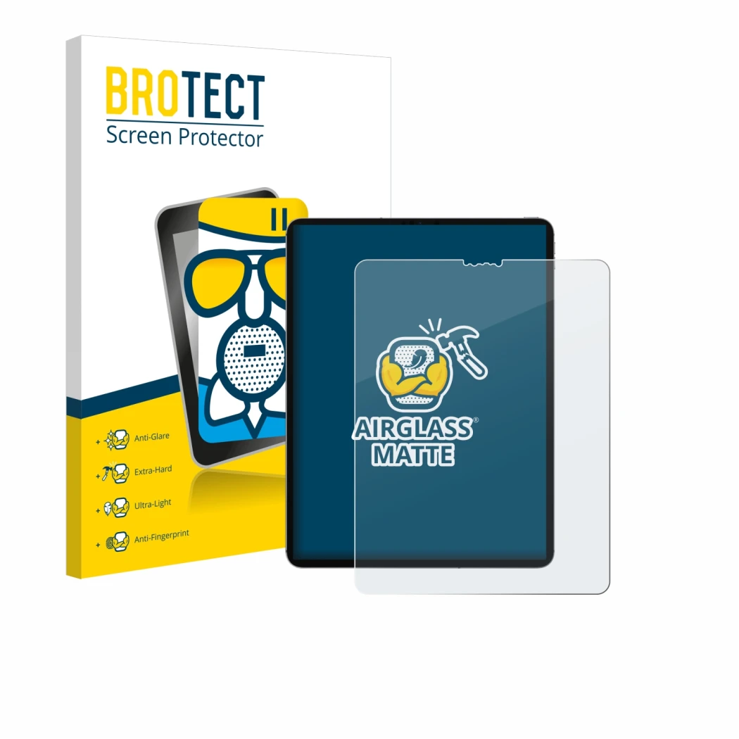 Front side of a product packaging with the brand logo BROTECT. Next to it is the device Apple iPad Pro 12.9