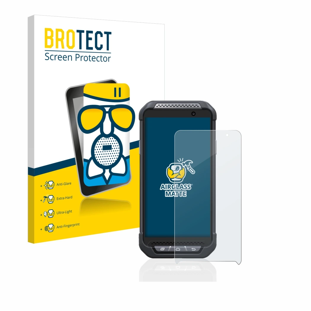 Front side of a product packaging with the brand logo BROTECT. Next to it is the device Point Mobile PM85 shown with the corre