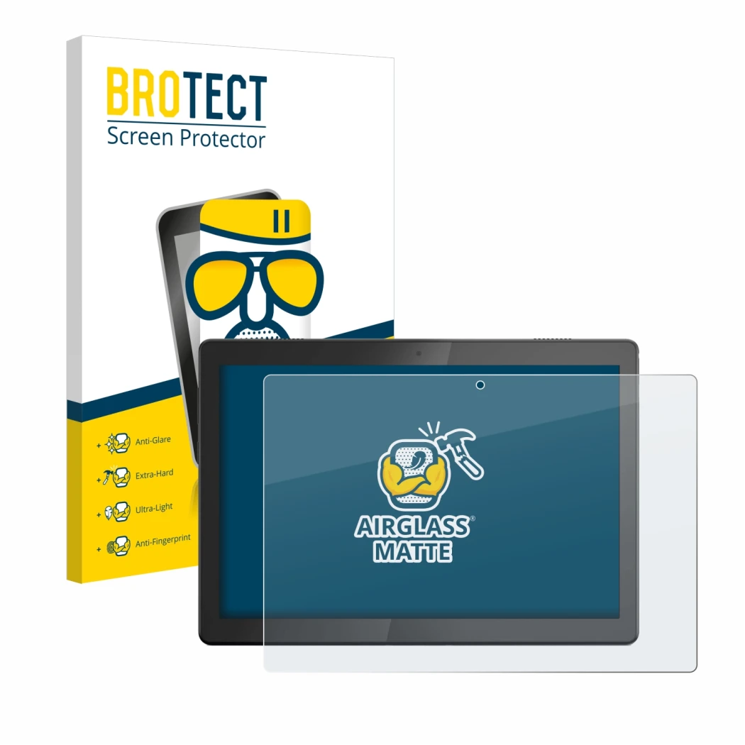 Front side of a product packaging with the brand logo BROTECT. Next to it is the device Lenovo Tab M10 TB-X505F shown with the