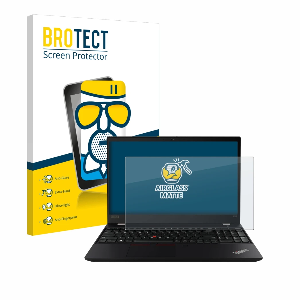 Front side of a product packaging with the brand logo BROTECT. Next to it is the device Lenovo ThinkPad P14s shown with the co