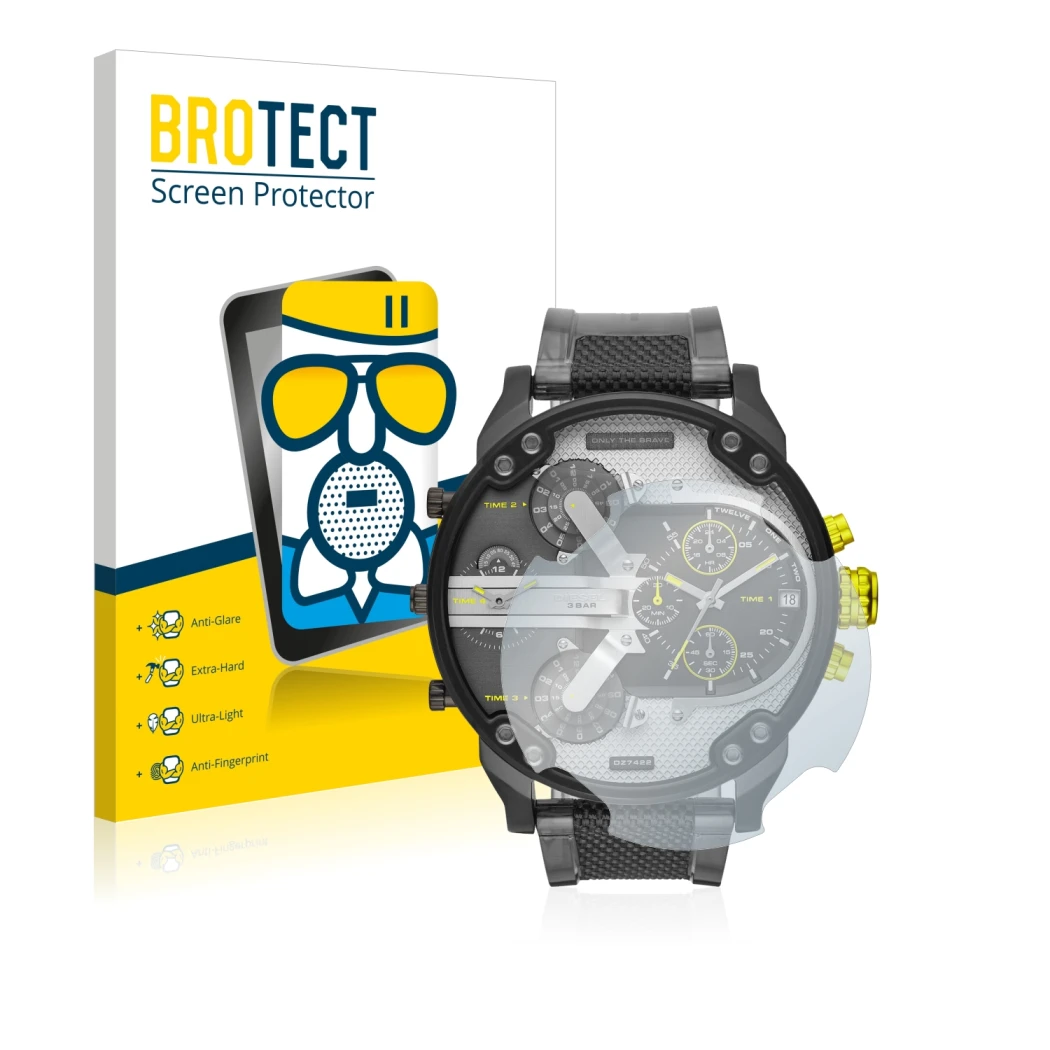 Front side of a product packaging with the brand logo BROTECT. Next to it is the device Diesel DZ7422 Mr. Daddy 2.0 shown with