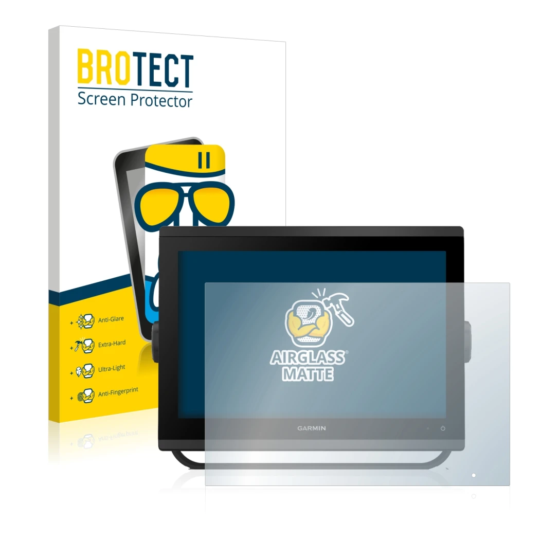 Front side of a product packaging with the brand logo BROTECT. Next to it is the device Garmin GPSMAP 1223 shown with the corr