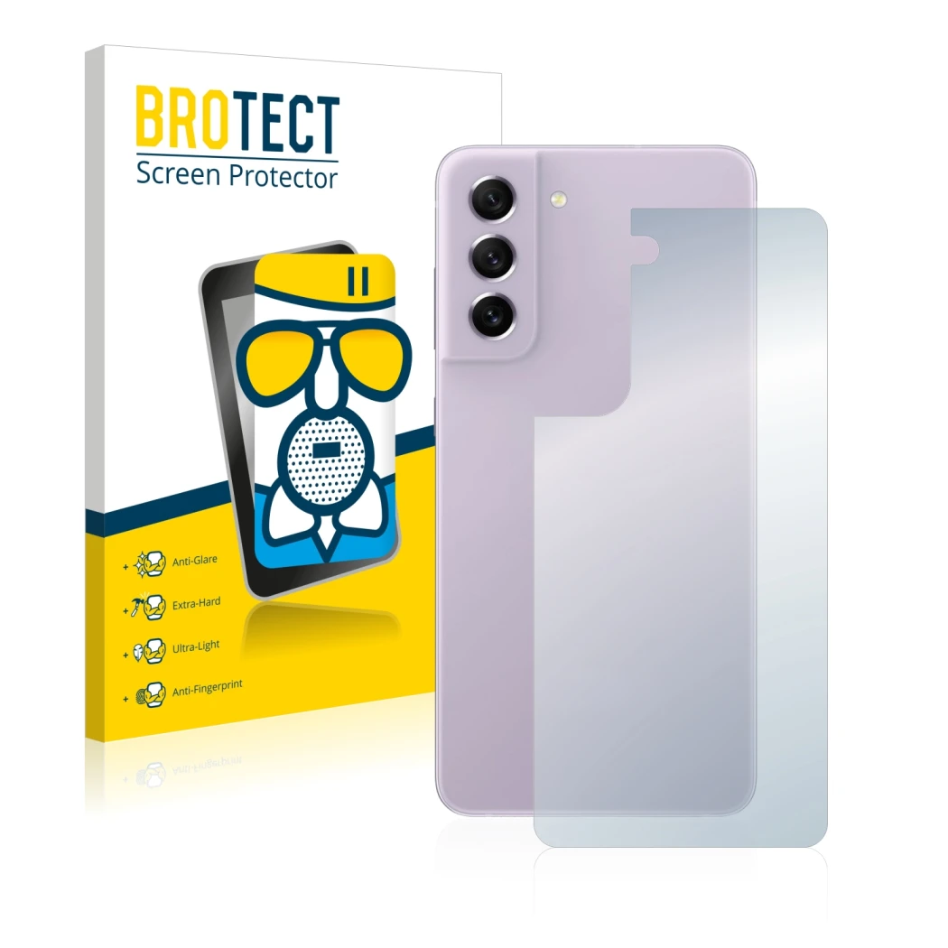 Front side of a product packaging with the brand logo BROTECT. Next to it is the device Samsung Galaxy S21 FE 5G (Back) shown
