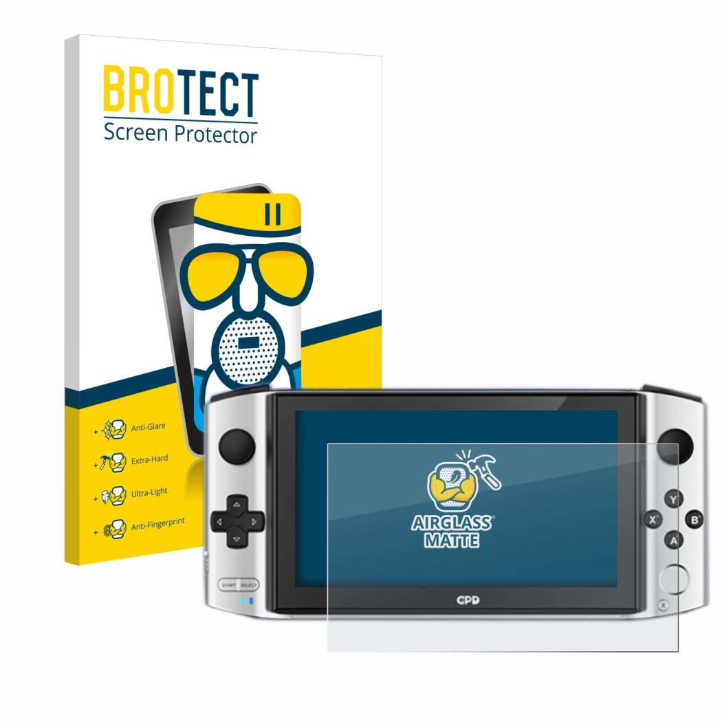 Front side of a product packaging with the brand logo BROTECT. Next to it is the device GPD Win 3 shown with the corresponding