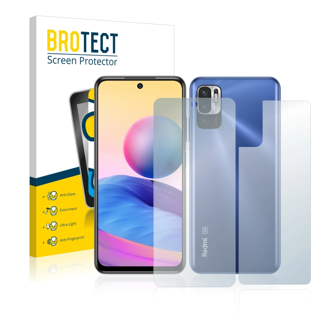Front side of a product packaging with the brand logo BROTECT. Next to it is the device Xiaomi Redmi Note 10 5G (Front+Back) s