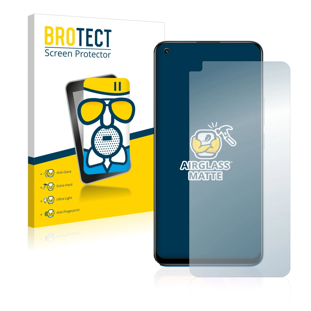 Front side of a product packaging with the brand logo BROTECT. Next to it is the device realme 8 Pro shown with the correspond