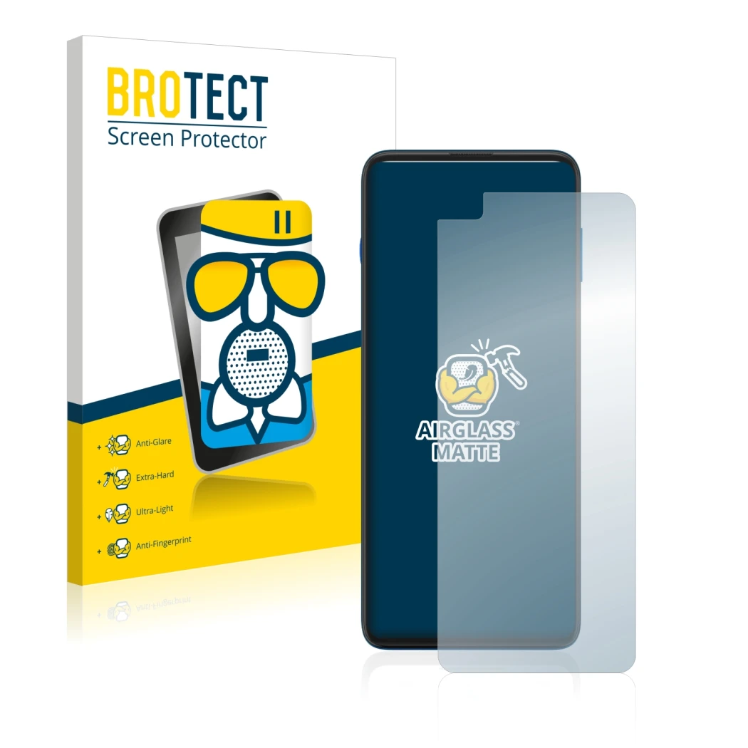 Front side of a product packaging with the brand logo BROTECT. Next to it is the device Motorola Moto G100 shown with the corr