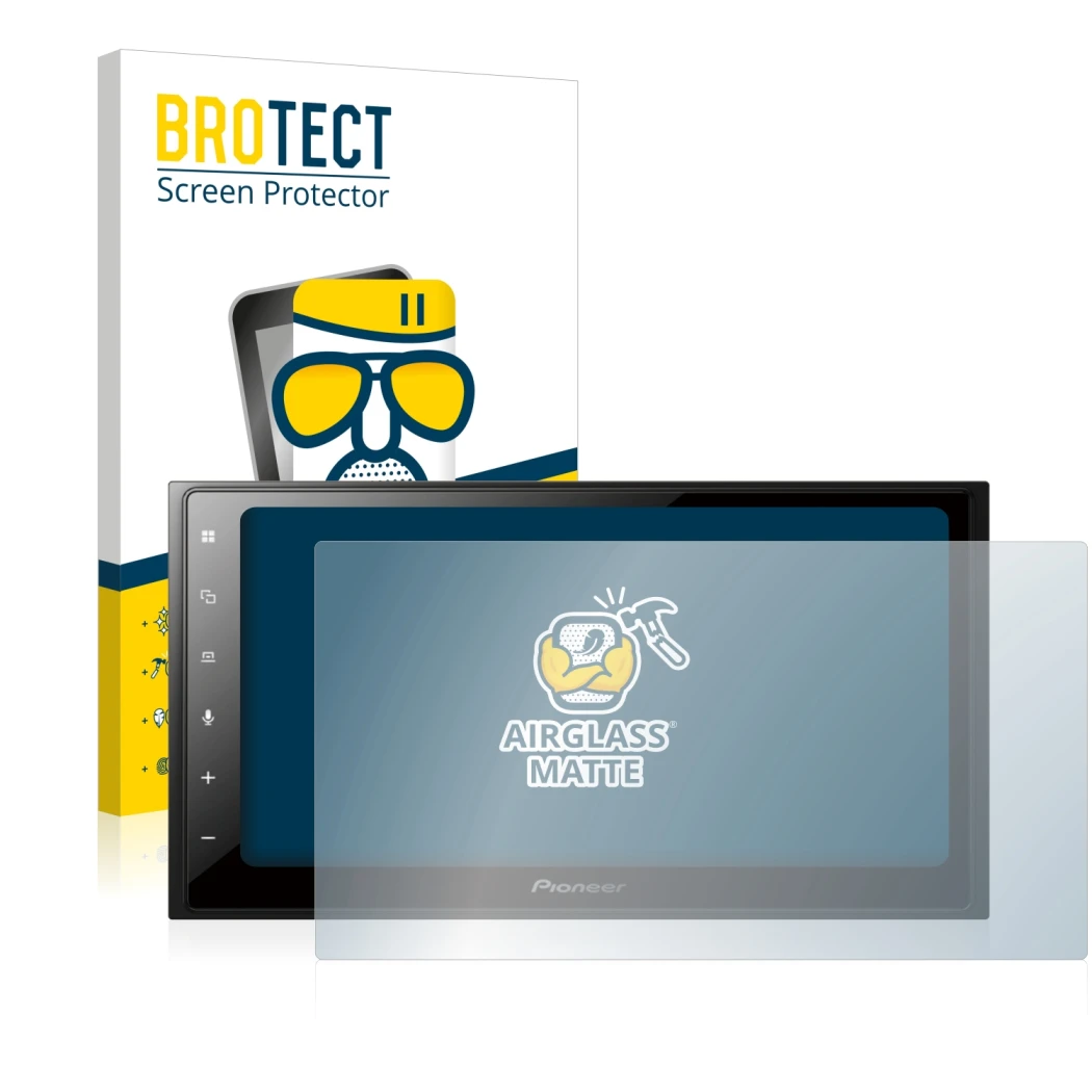 Front side of a product packaging with the brand logo BROTECT. Next to it is the device Pioneer SPH-DA250DAB shown with the co