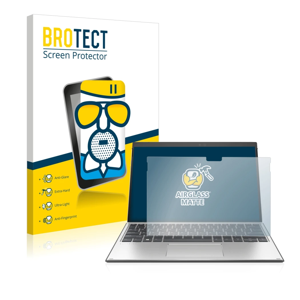 Front side of a product packaging with the brand logo BROTECT. Next to it is the device HP Elite x2 G8 shown with the correspo