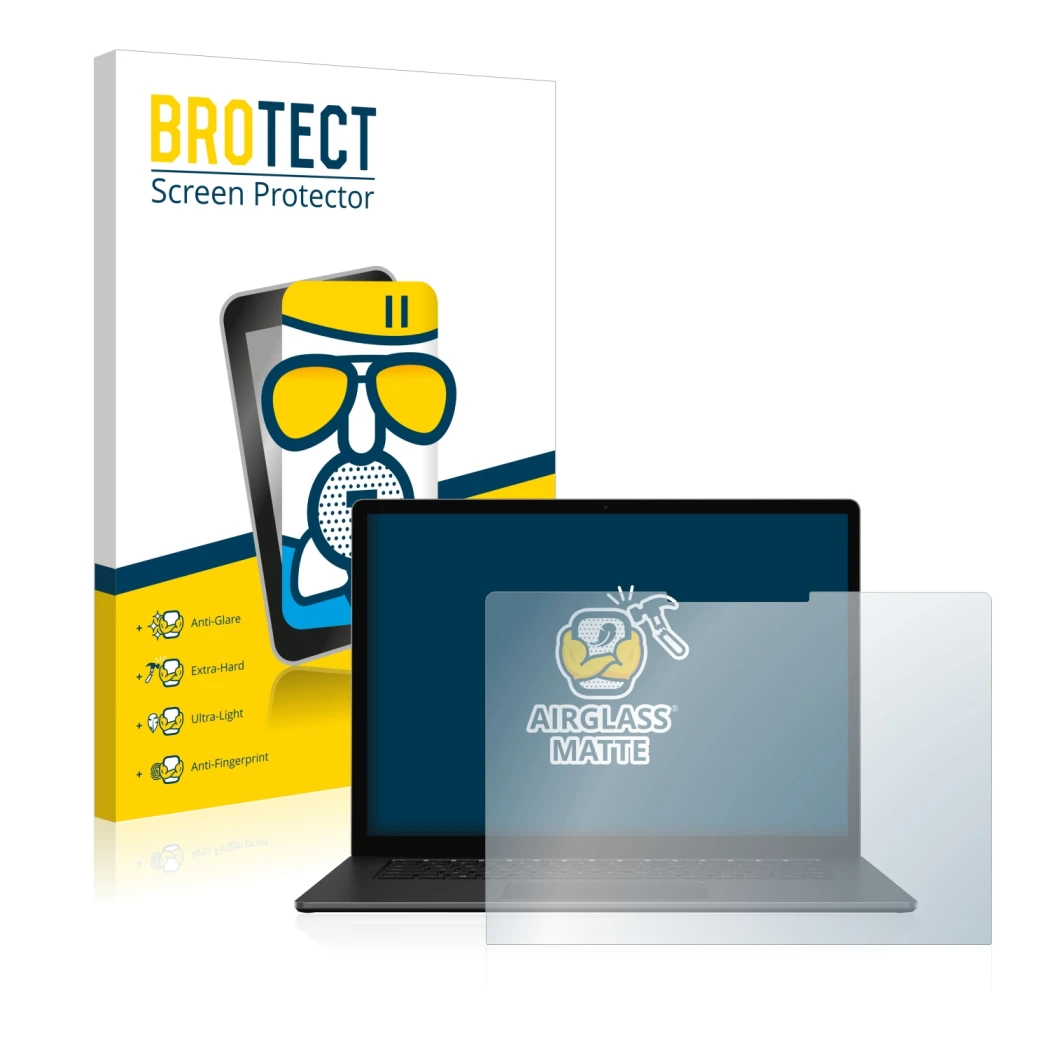 Front side of a product packaging with the brand logo BROTECT. Next to it is the device Microsoft Surface Laptop 4 15