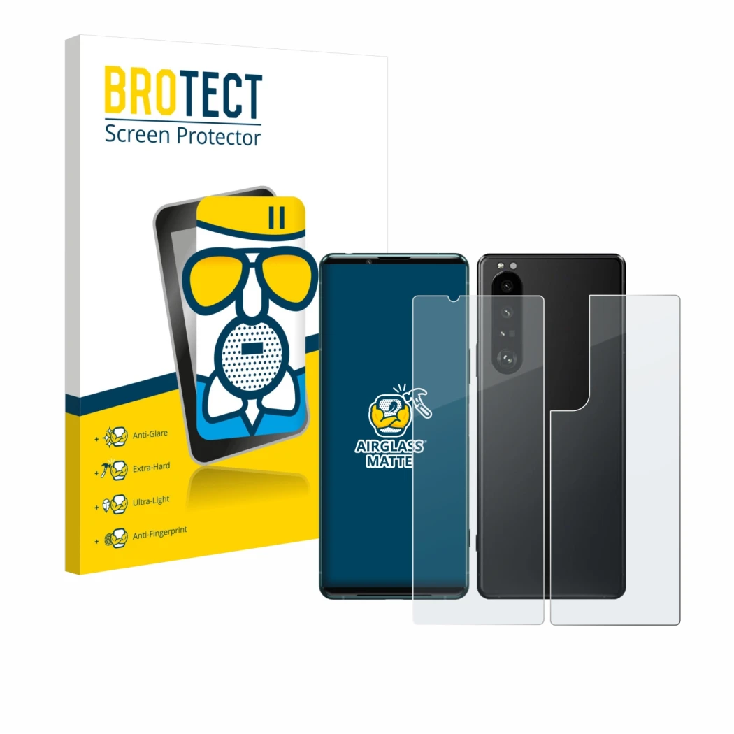 Front side of a product packaging with the brand logo BROTECT. Next to it is the device Sony Xperia 5 III (Front+Back) shown w