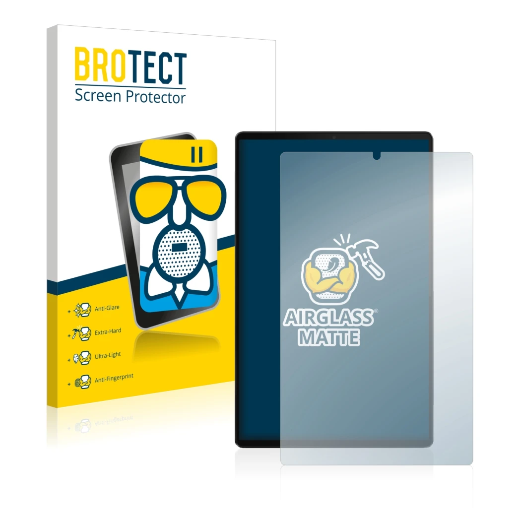 Front side of a product packaging with the brand logo BROTECT. Next to it is the device Lenovo Tab M10 FHD Plus shown with the