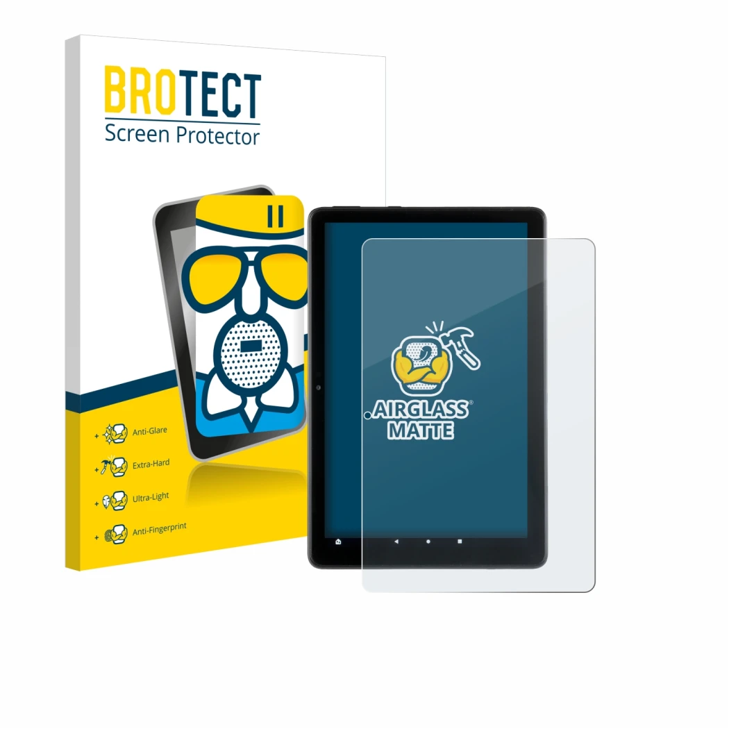 Front side of a product packaging with the brand logo BROTECT. Next to it is the device Amazon Fire HD 10 2021 (11th Gen.) sho