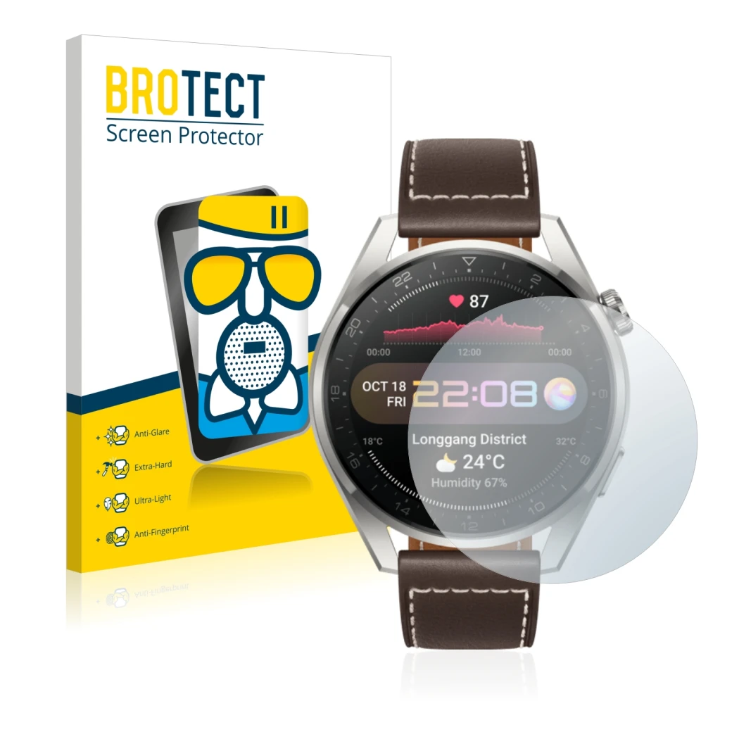 Front side of a product packaging with the brand logo BROTECT. Next to it is the device Huawei Watch 3 Pro shown with the corr