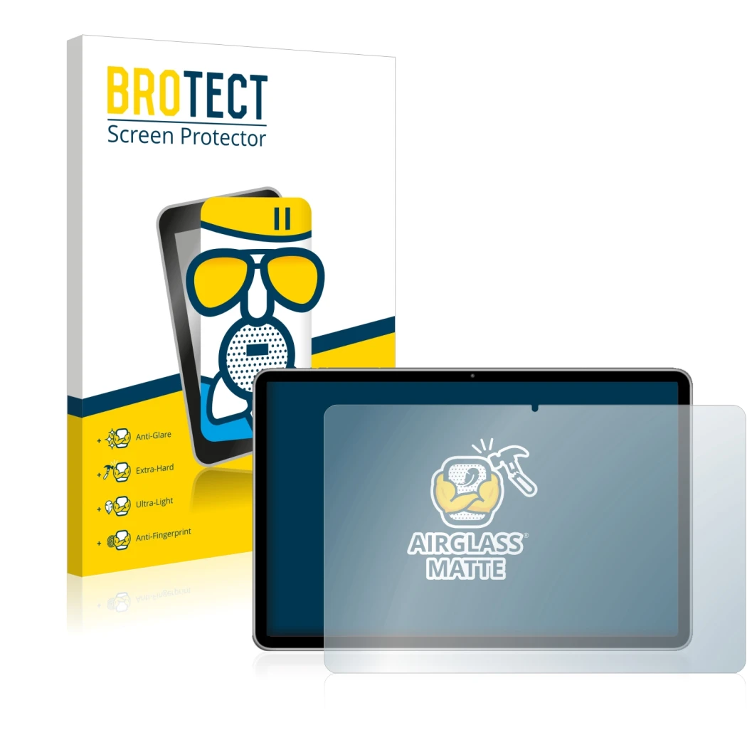 Front side of a product packaging with the brand logo BROTECT. Next to it is the device Huawei MatePad 11 (2021) shown with th