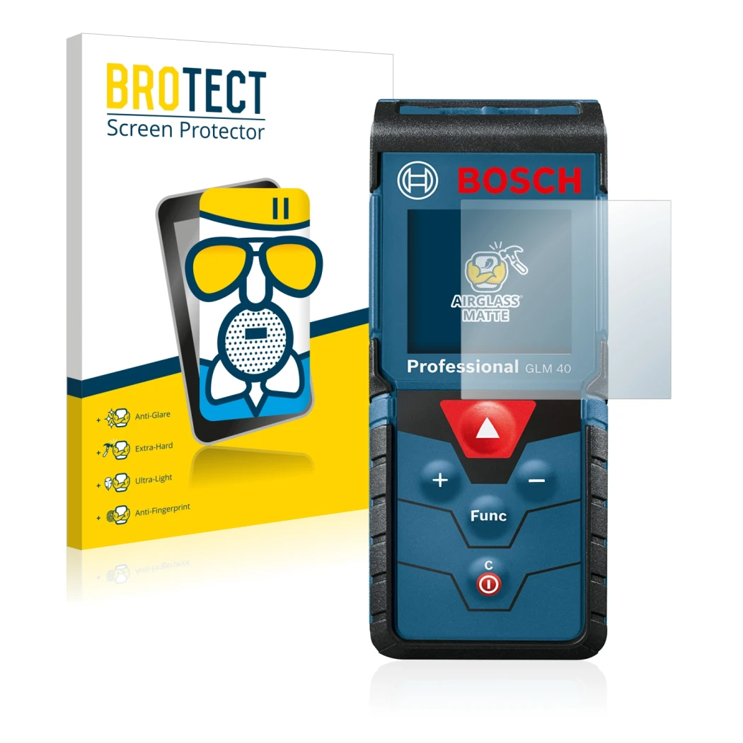 Front side of a product packaging with the brand logo BROTECT. Next to it is the device Bosch GLM 40 Professional shown with t