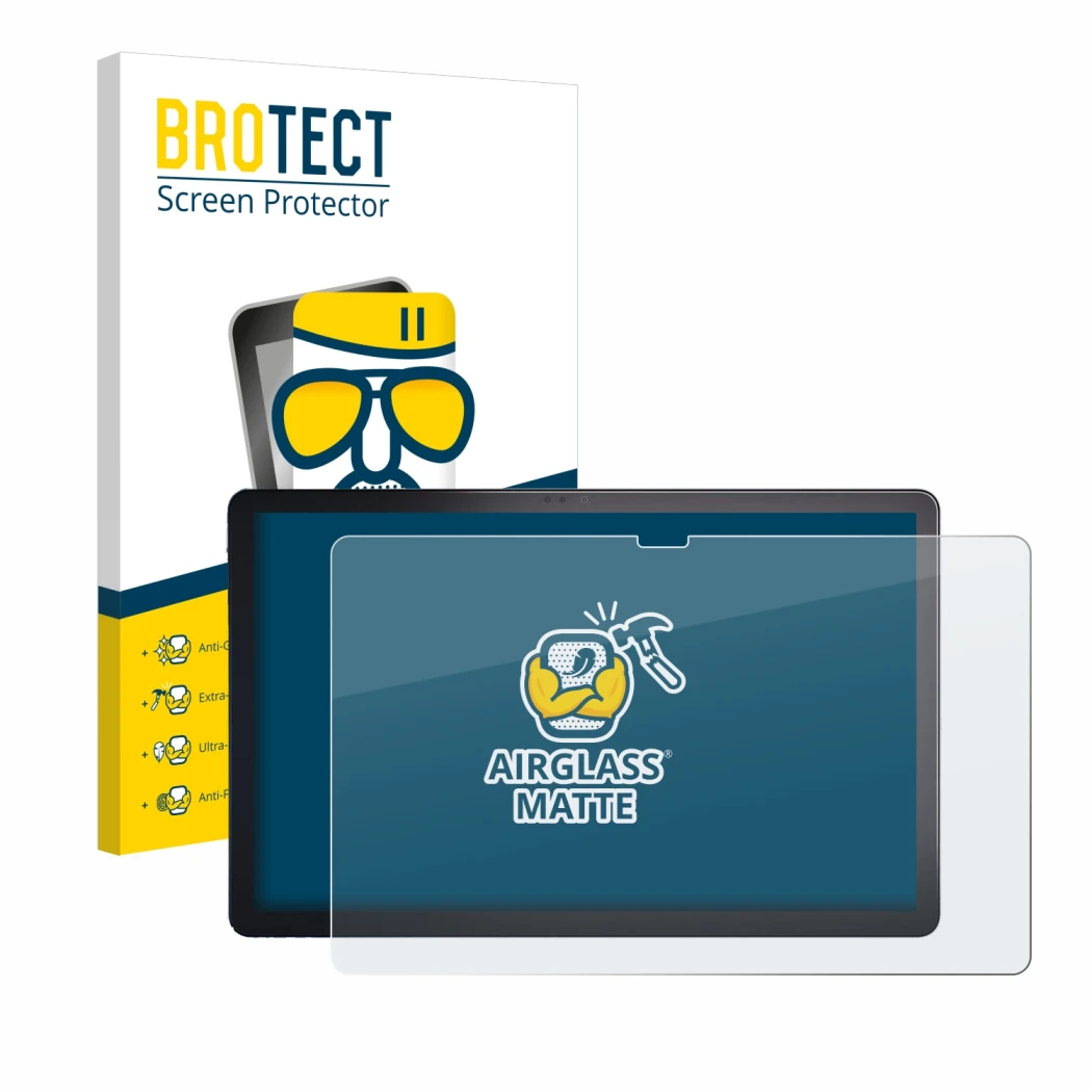 Front side of a product packaging with the brand logo BROTECT. Next to it is the device Lenovo Tab P11 Plus shown with the cor