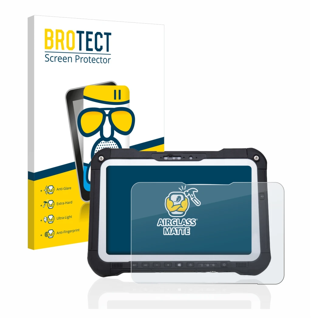 Front side of a product packaging with the brand logo BROTECT. Next to it is the device Panasonic Toughbook FZ-G2 shown with t