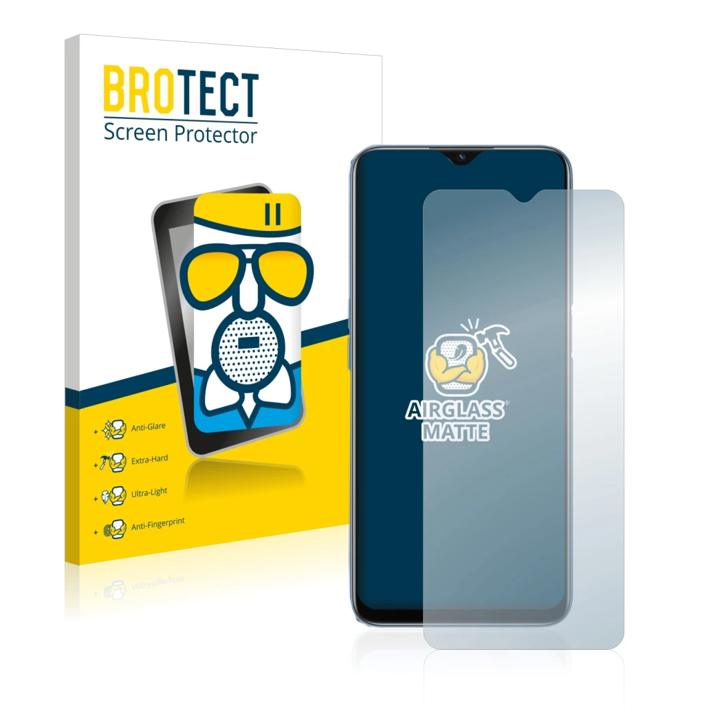Front side of a product packaging with the brand logo BROTECT. Next to it is the device Oppo A16 shown with the corresponding