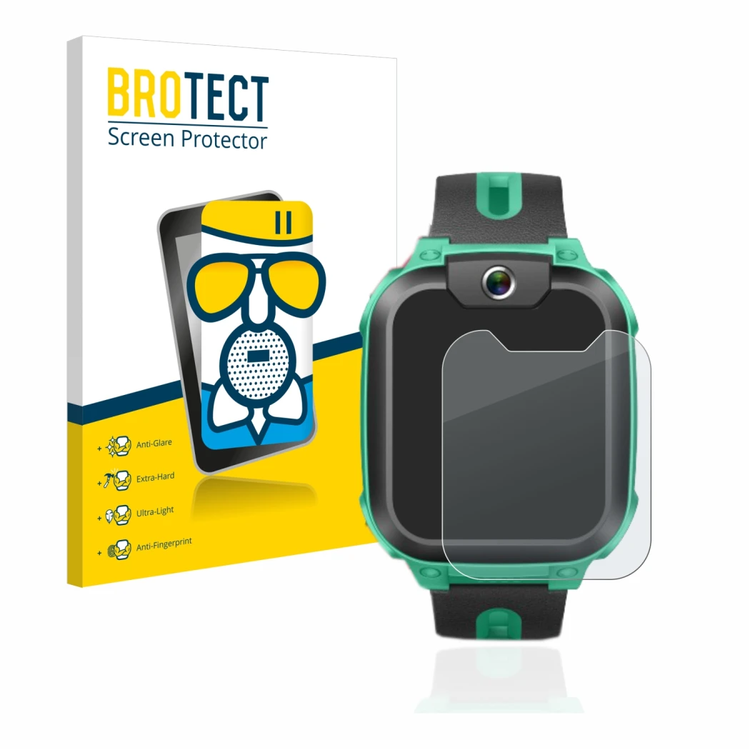 Front side of a product packaging with the brand logo BROTECT. Next to it is the device Imoo Watch Phone Z1 shown with the cor