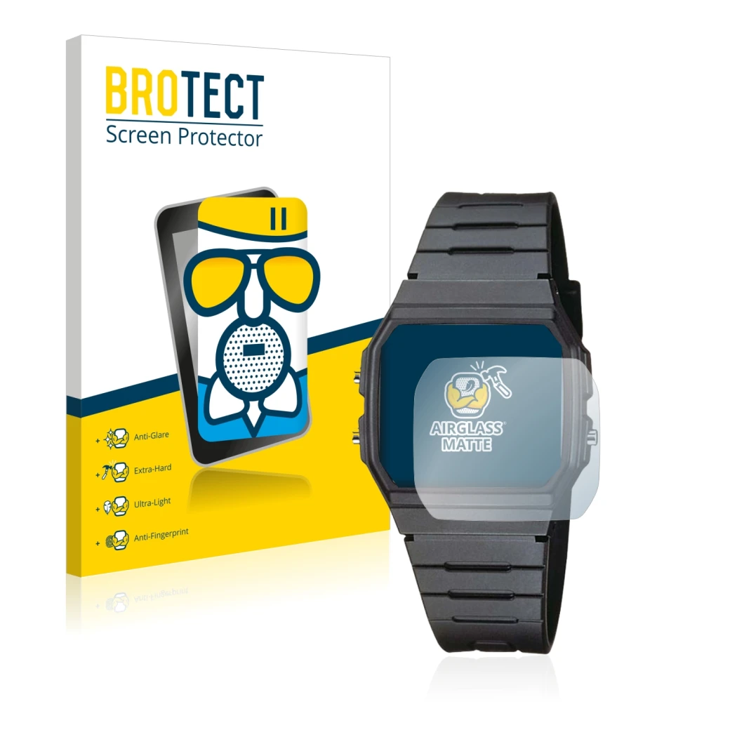 Front side of a product packaging with the brand logo BROTECT. Next to it is the device Casio Collection Unisex F-91W shown wi