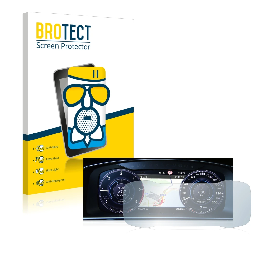 Front side of a product packaging with the brand logo BROTECT. Next to it is the device Volkswagen Golf 7 Facelift (2016-2019)