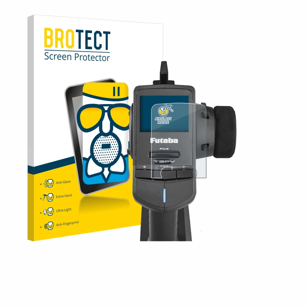 Front side of a product packaging with the brand logo BROTECT. Next to it is the device Futaba T3PV shown with the correspondi