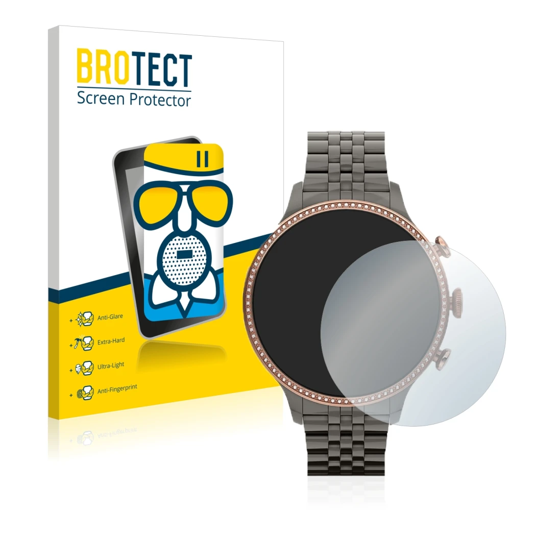 Front side of a product packaging with the brand logo BROTECT. Next to it is the device Fossil Gen 6 (42mm) shown with the cor