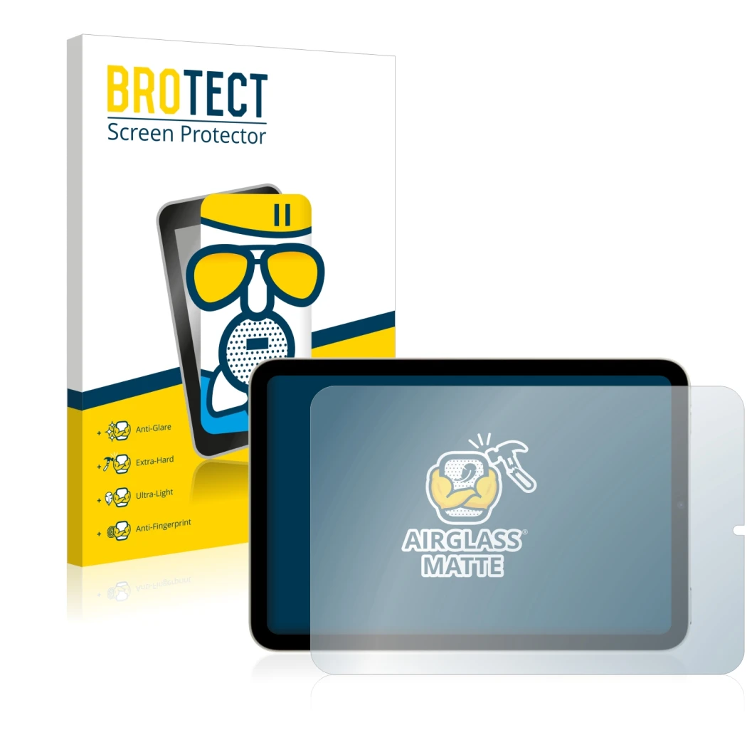 Front side of a product packaging with the brand logo BROTECT. Next to it is the device Apple iPad Mini 6 2021 (Landscape, 6nd