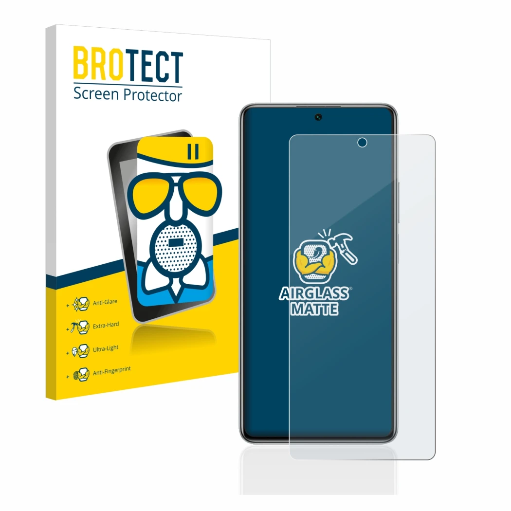 Front side of a product packaging with the brand logo BROTECT. Next to it is the device Xiaomi 11T Pro shown with the correspo