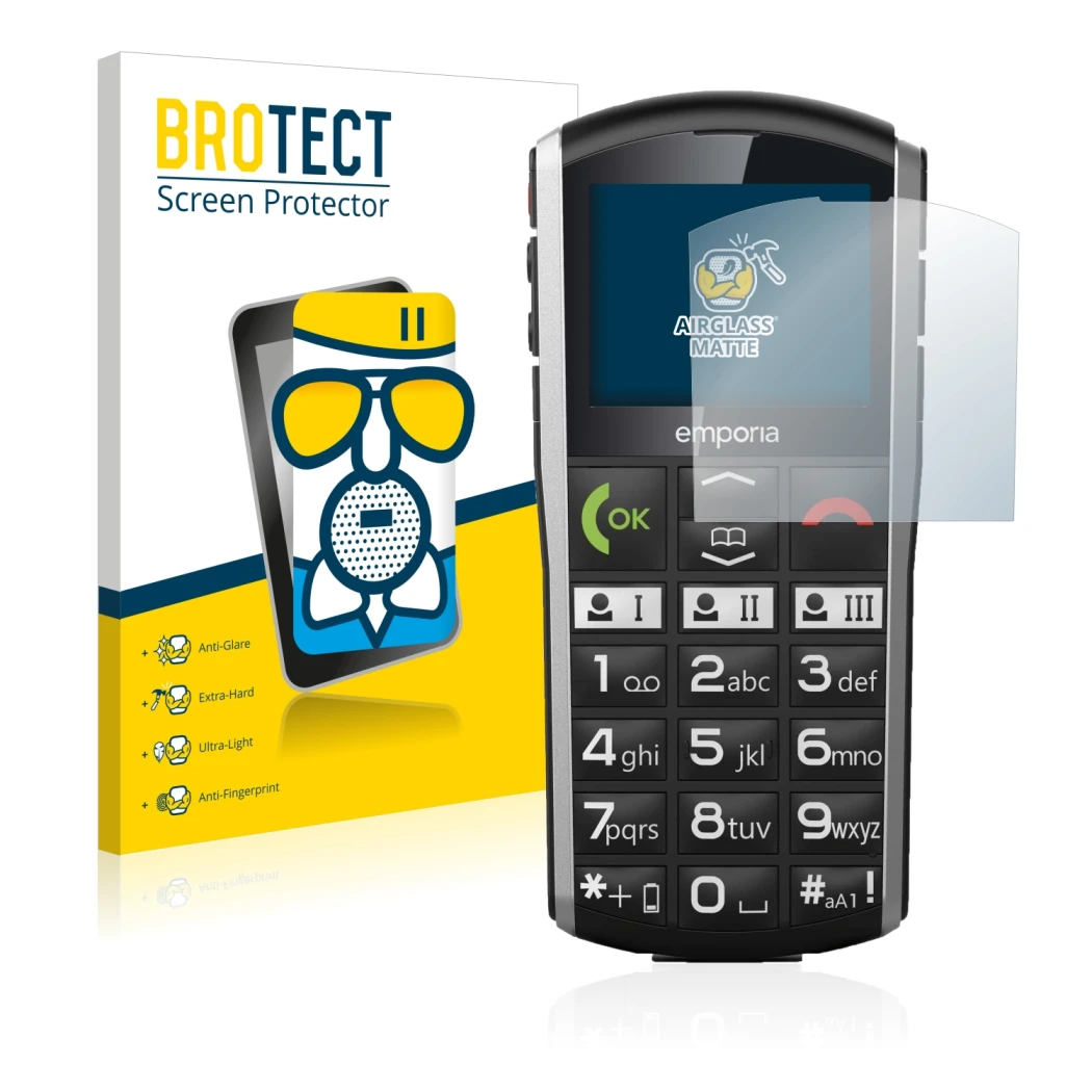 Front side of a product packaging with the brand logo BROTECT. Next to it is the device Emporia Simplicity shown with the corr